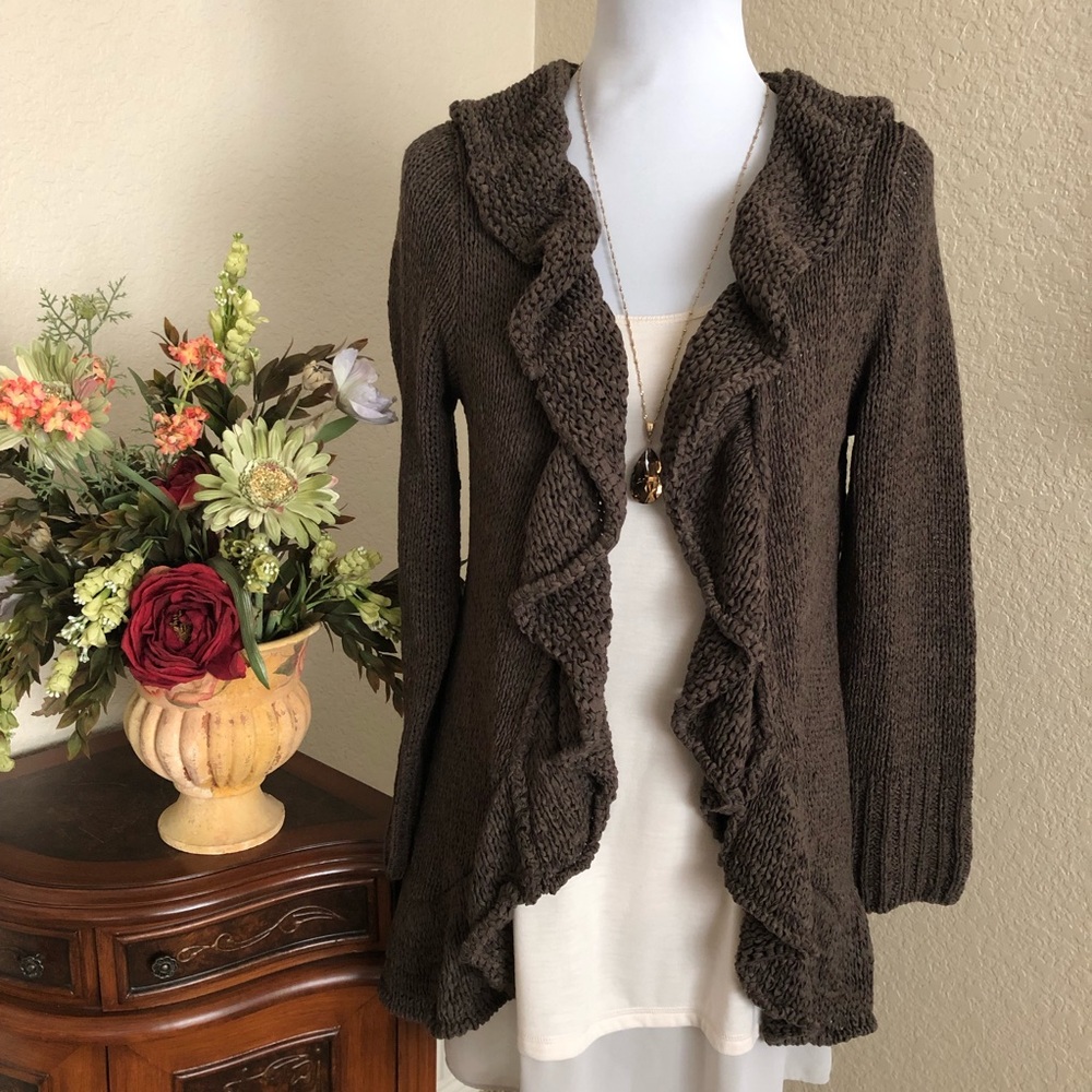 Venue Ruffle Front Ribbon Knit Cardigan Sweater